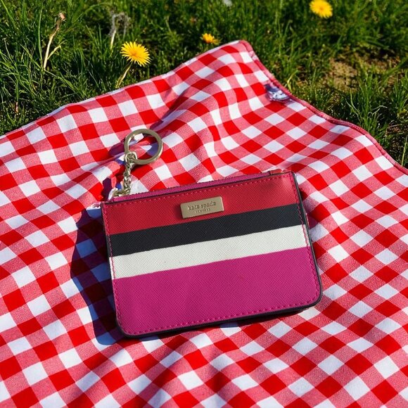 KATE SPADE Striped Saffiano Leather Keychain Card Wallet - Picture 1 of 5